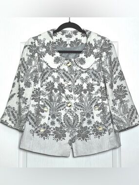 Ann Taylor LOFT Silk Linen Gray White Blazer Jacket Sz 4 Floral Peter Pan Collar